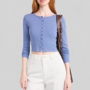 Blue Cropped Cardigan, Button Up Long Sleeve Periwinkle Purple Crop Top cardigan
